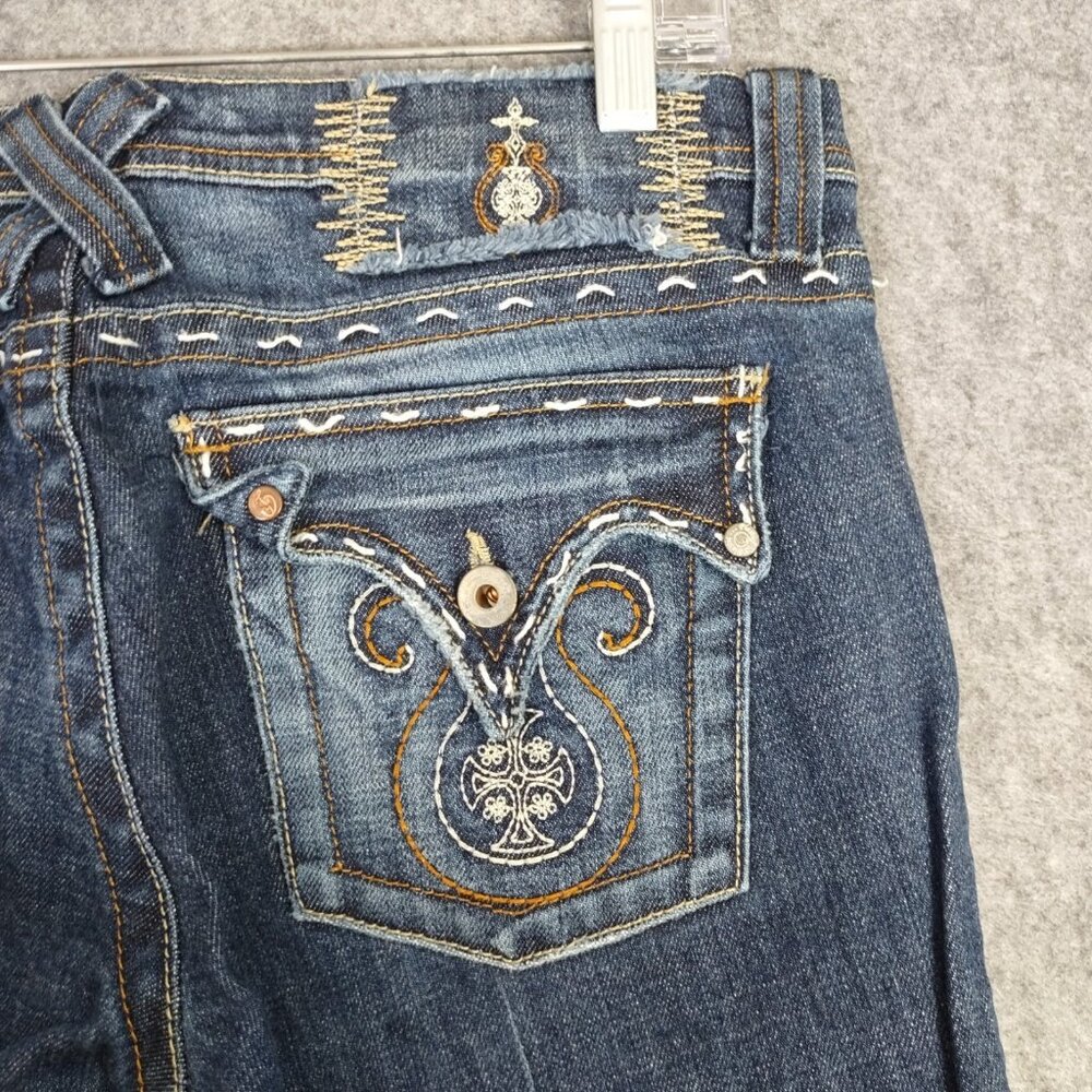 Plastic by GLY Jeans Womens Sz 11 Designer Embroidered Flare Low Rise Jeans Y2K - Picture 9 of 16